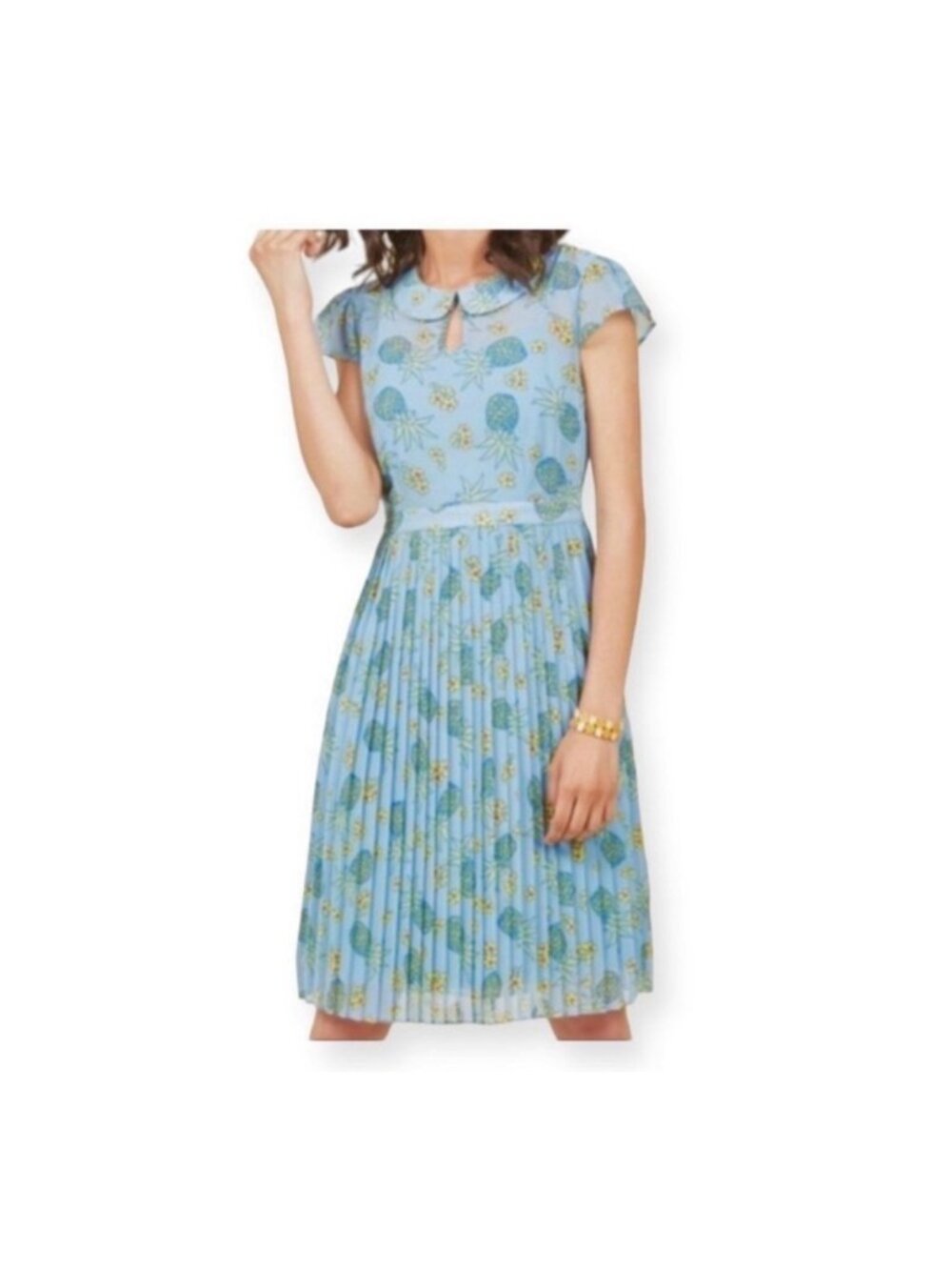 ModCloth Size Large Midi Length Short Sleeve Dress Blue Pineapple Floral Print